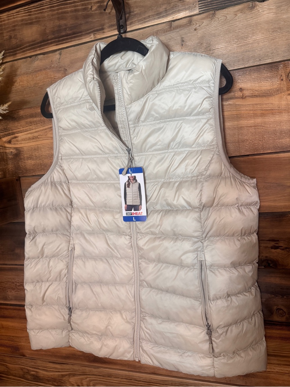 32 Degrees Heat Light Cream Packable Puffer Vest - Size Large NWT